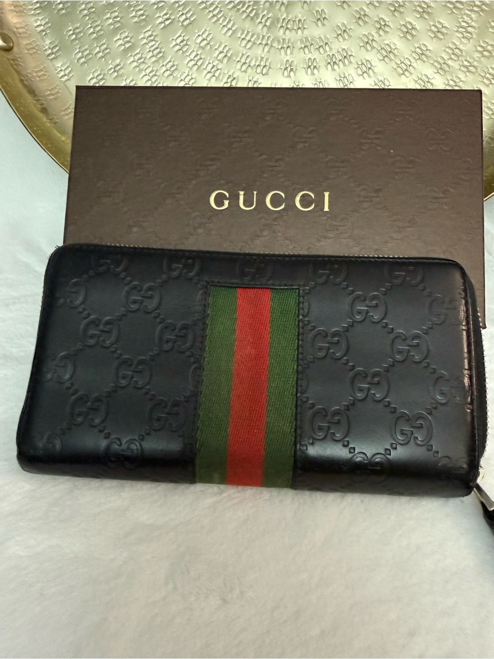 Gucci Black Embossed GG Zip Wallet with Green-Red Web Stripe